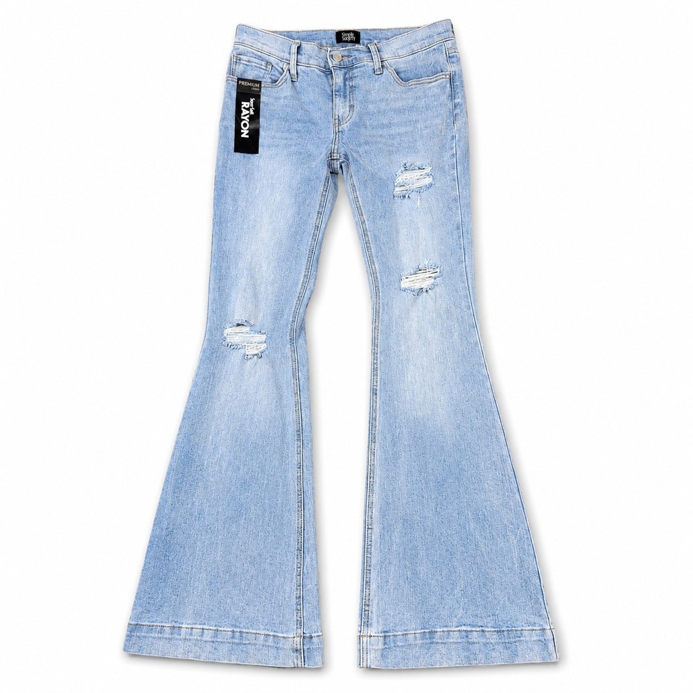 Simple Society Low Rise Flare Jean Womens 5/27 Light Wash Distressed Stretch NWT